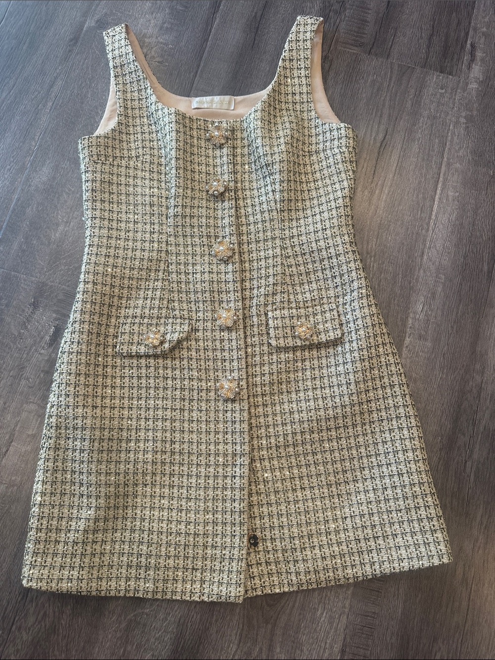 Sleeveless Tweed Shift Dress with Jewel Buttons - Cream & Black